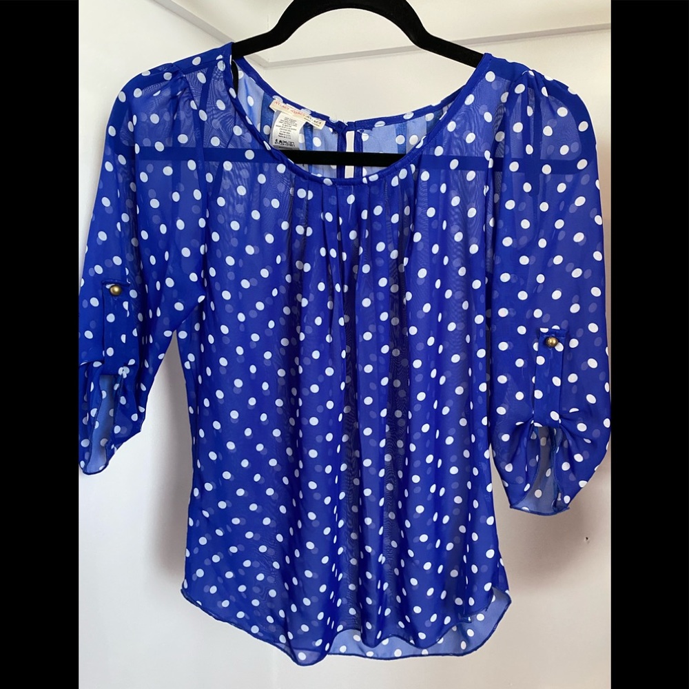 A’GACI Blue and White Polka Dot Sheer Blouse with Button Up Sleeve